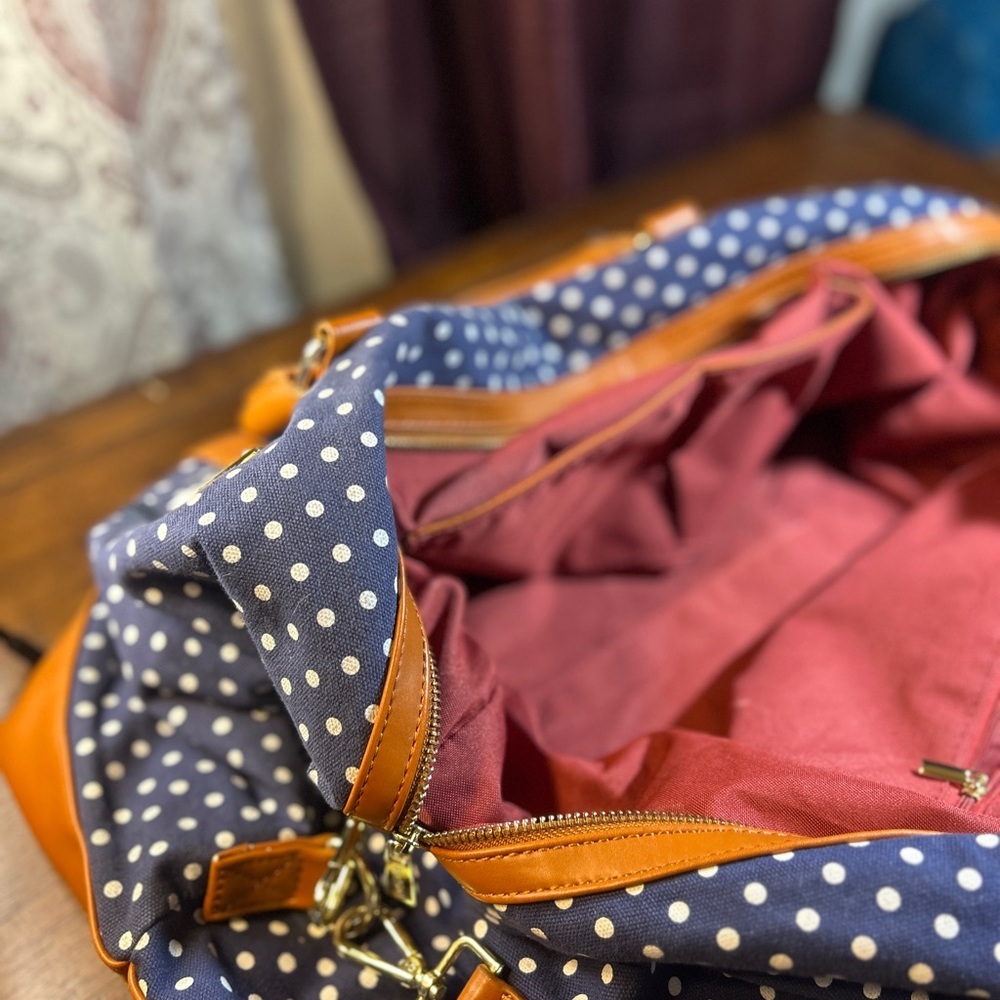 Stylish Navy Polka Dot Travel Bag with Tan Details​ - Picture 12 of 12